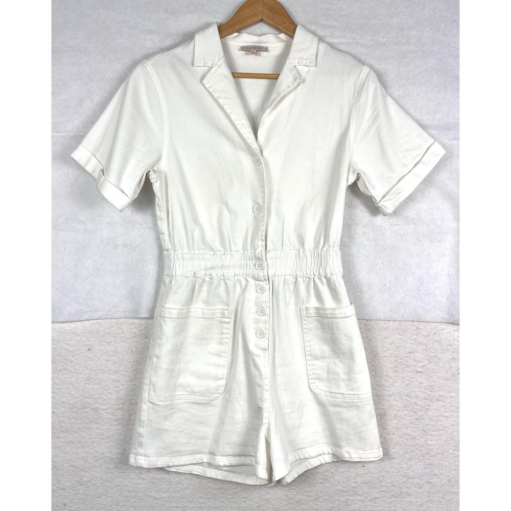 Skies Are Blue White Utility Romper Short Sleeve Button Front Cotton Small